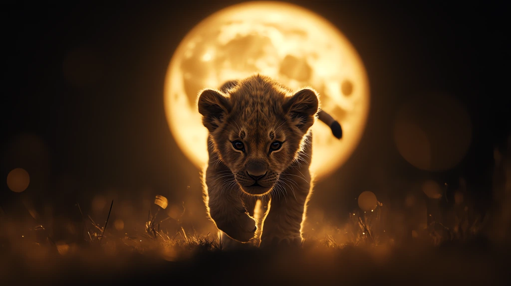 a picture of a baby lion cub in front of a glowing full moon dark golden tones desktop wallpaper 4k