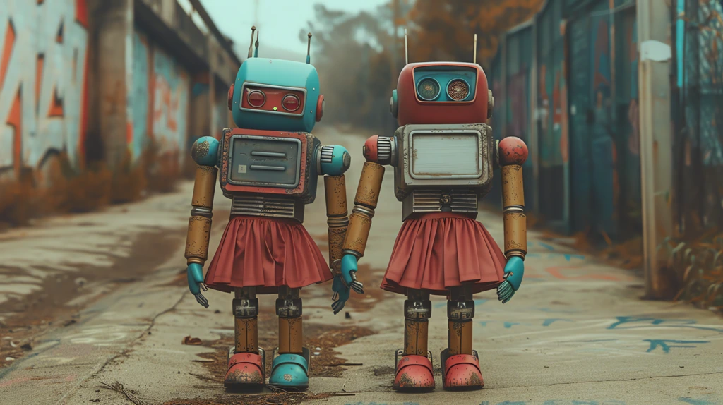 a picture of two robots walking desktop wallpaper 4k