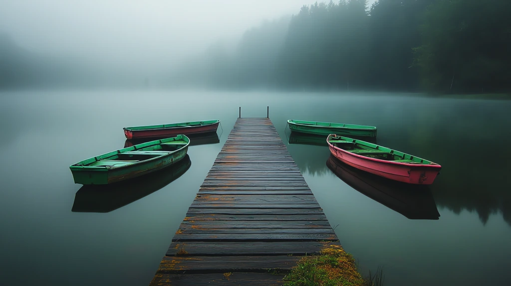 a pier extending into a misty lake the water still and mirror-like desktop wallpaper 4k