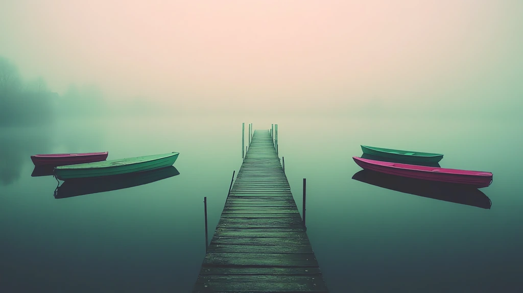 a pier extending into a misty lake the water still and mirror-like green and pink boat desktop wallpaper 4k