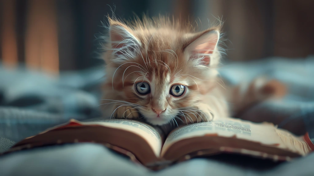 a pink haired kitten reading a book desktop wallpaper 4k
