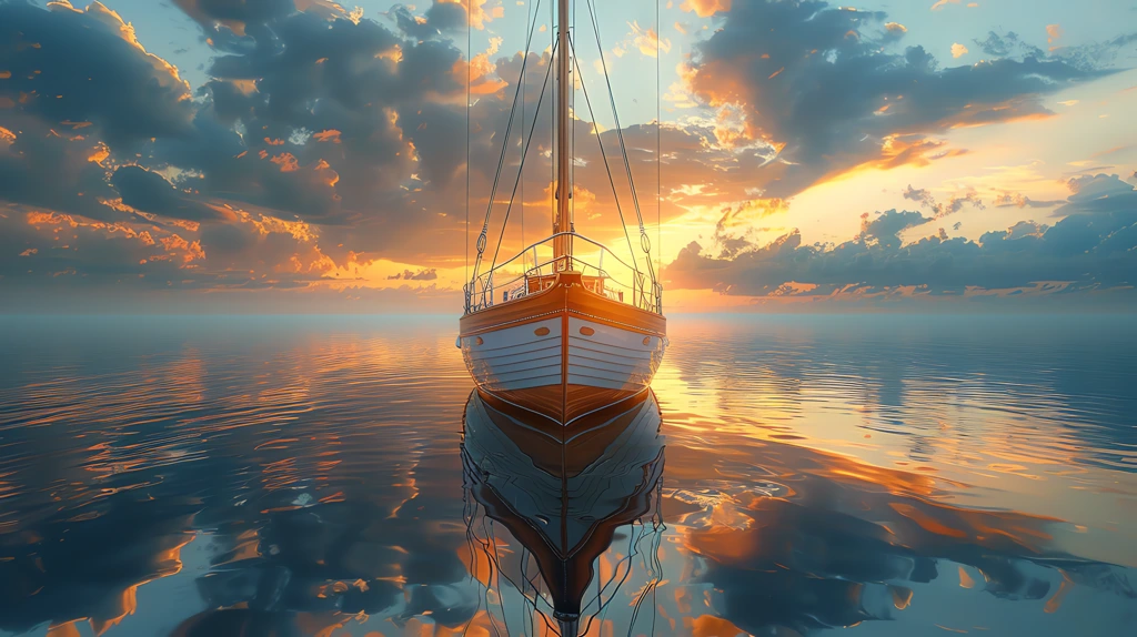 a plan of the wooden sailboat in calm smooth surface with reflection desktop wallpaper 4k