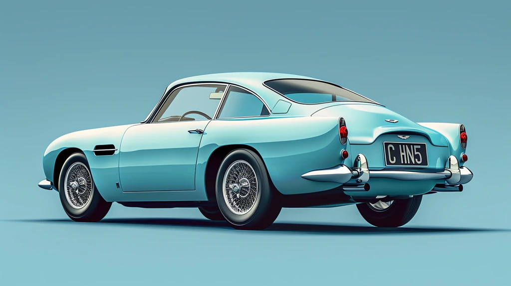 a poster style illustration of the backside of a baby blue aston martin db5 in a baby blue studio desktop wallpaper 4k