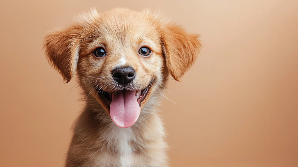 a puppy sticking out its tongue with a single pill resting on desktop wallpaper 4k