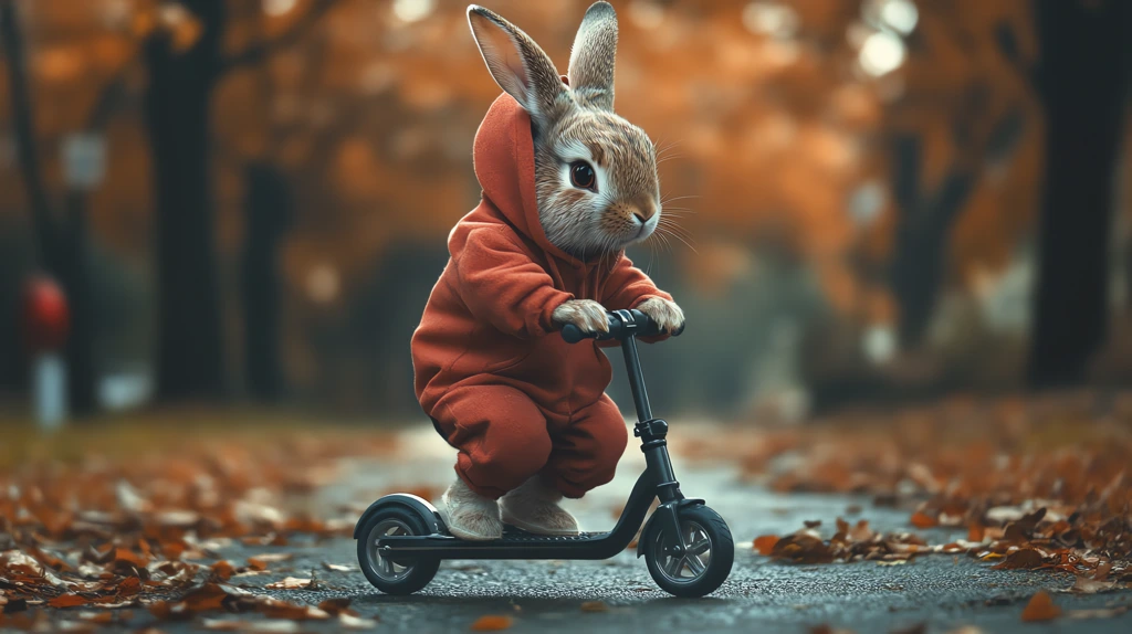 a rabbit in a hoodie rides a scooter in the urban autumn street desktop wallpaper 4k