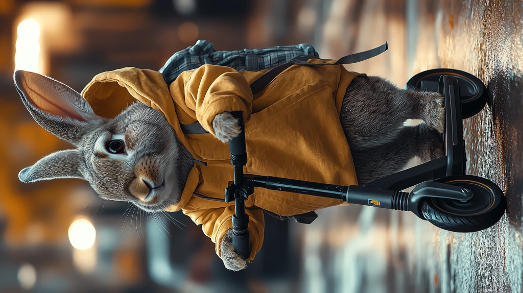 a rabbit in a hoodie rides a scooter phone wallpaper 4k