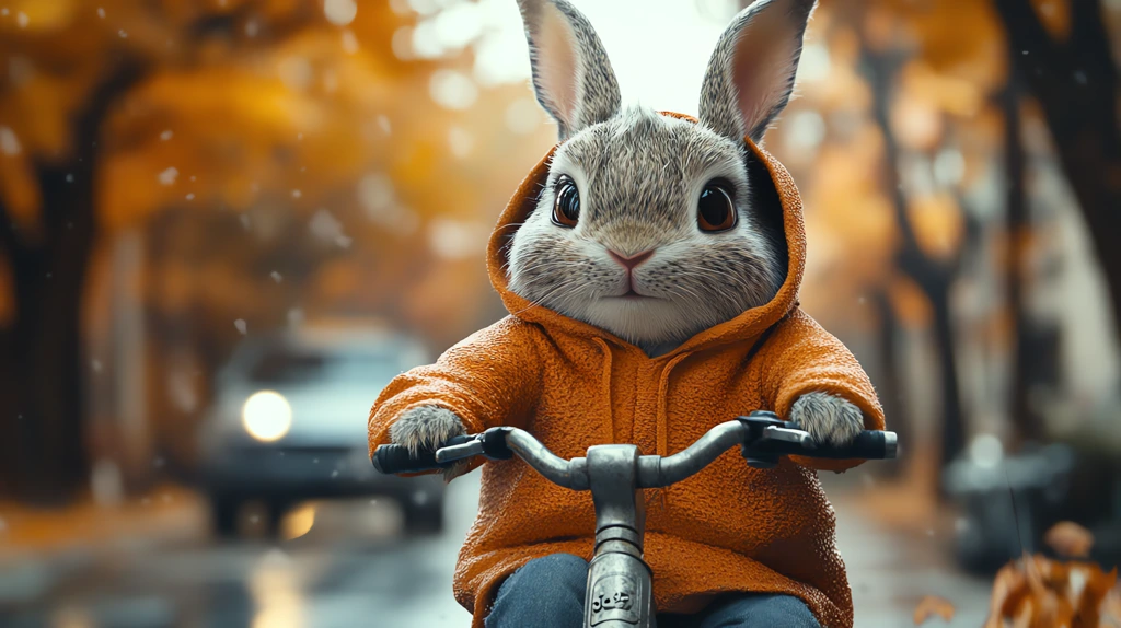 a rabbit in a hoodie rides a scooter urban autumn street desktop wallpaper 4k