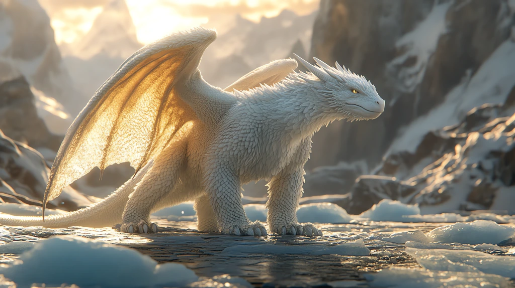 a realistic photo of a polar bear dragon with wings ice the lighting is late afternoon desktop wallpaper 4k