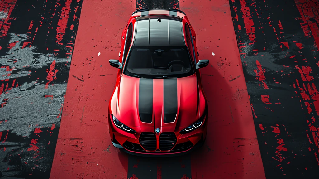 a red 2024 bmw m3 with black horizontal racing stripes continuing on ground top view desktop wallpaper 4k
