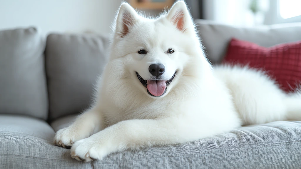 a samoyed dog lying on the couch smiling at me desktop wallpaper 4k