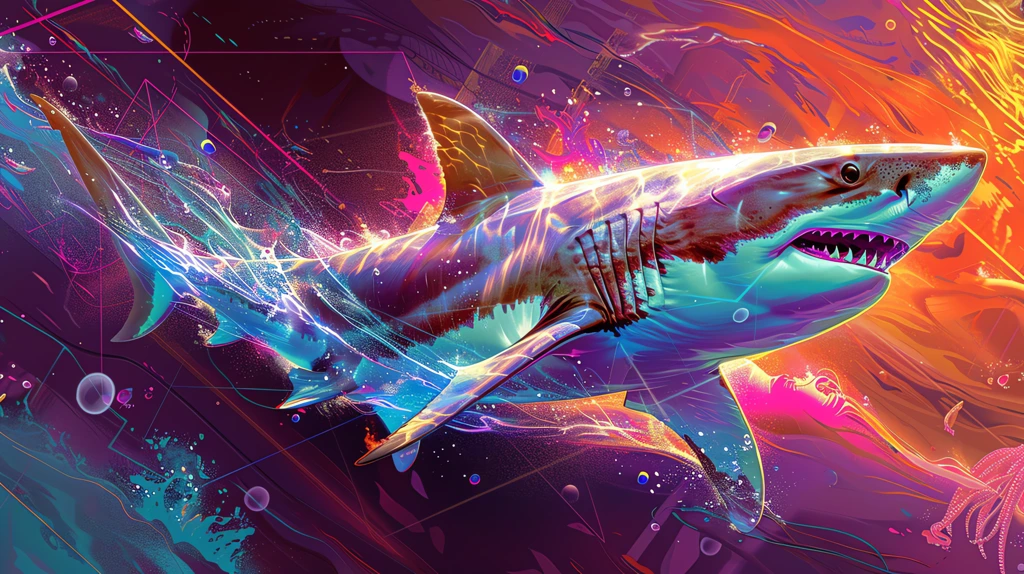 a shark with neon skin the water from purple to blue desktop wallpaper 4k