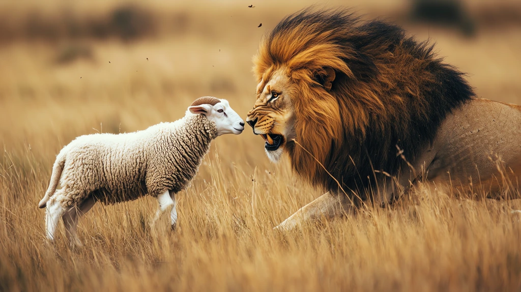 a sheep attacking a lion desktop wallpaper 4k