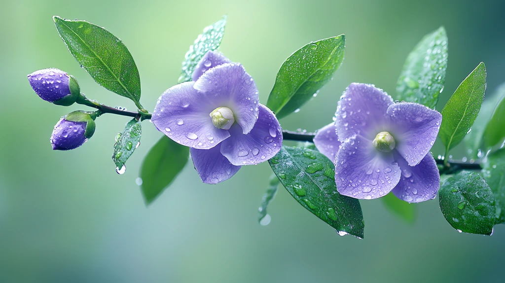 a slender gardenia branch hung in the air three purple flowers and two green leaves desktop wallpaper 4k