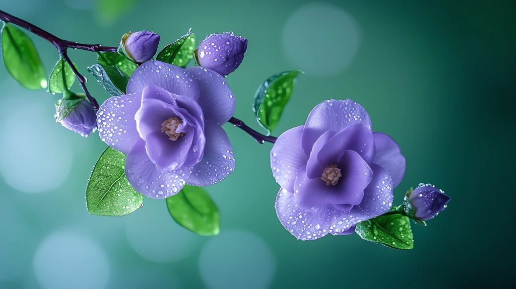 a slender gardenia branch hung in the air three purple flowers phone wallpaper 4k