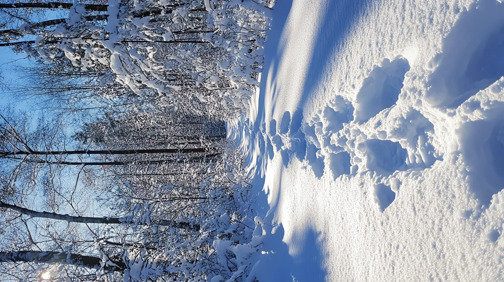 a snow-covered trail leading into the woods phone wallpaper 4k