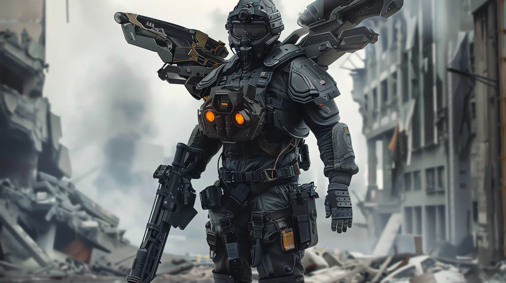 a soldier in a mechanical tactical costume shaped as a mechanical phoenix minimize design desktop wallpaper 4k