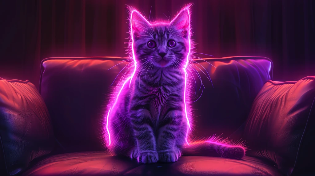 a thin bright glowing neon purple line drawing of a kitten sitting on a couch desktop wallpaper 4k
