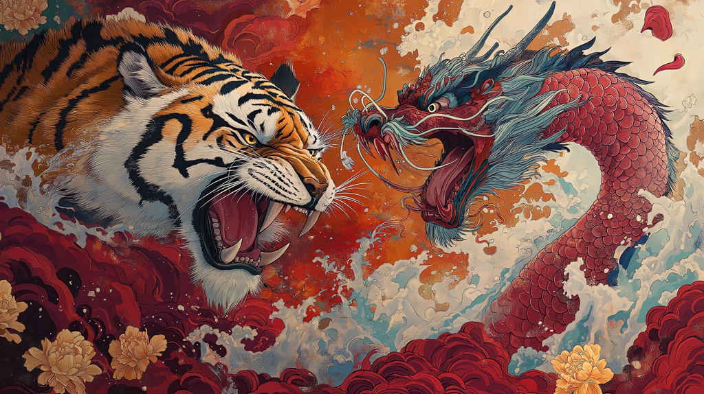 a tiger and a dragon with red scales desktop wallpaper 4k