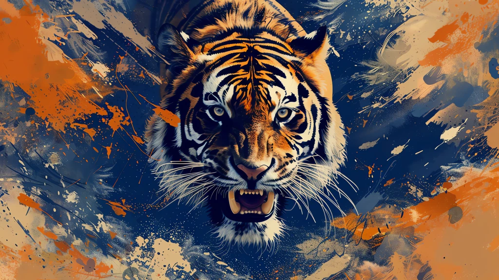a tiger illustration with a blue and orange realistic hyper-detailed portraits desktop wallpaper 4k
