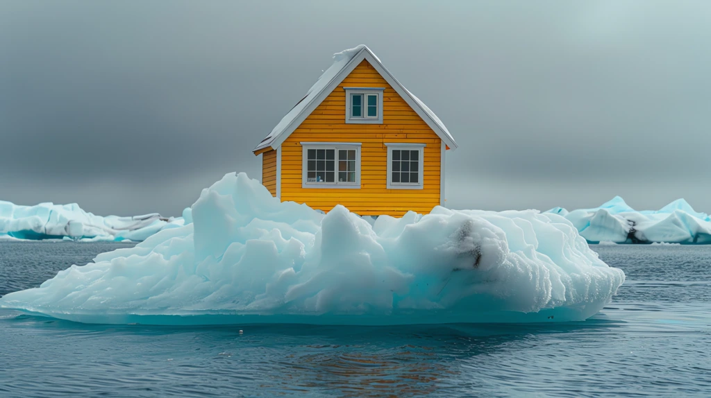 a tiny yellow wooden house sitting on the top of a floating iceberg calmness concept desktop wallpaper 4k