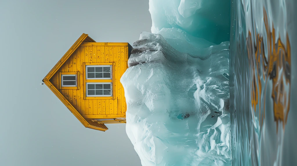 a tiny yellow wooden house sitting on the top of a floating iceberg phone wallpaper 4k