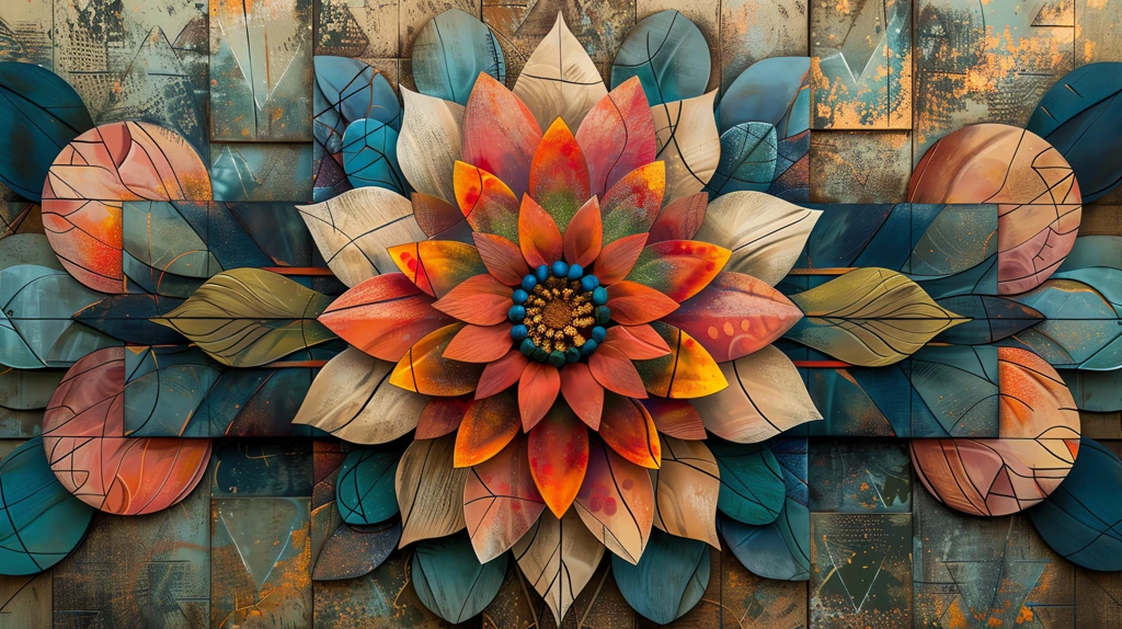 a whimsical beautiful stylized bohemian flower art with wood elements in warm neutral woodsy colors desktop wallpaper 4k