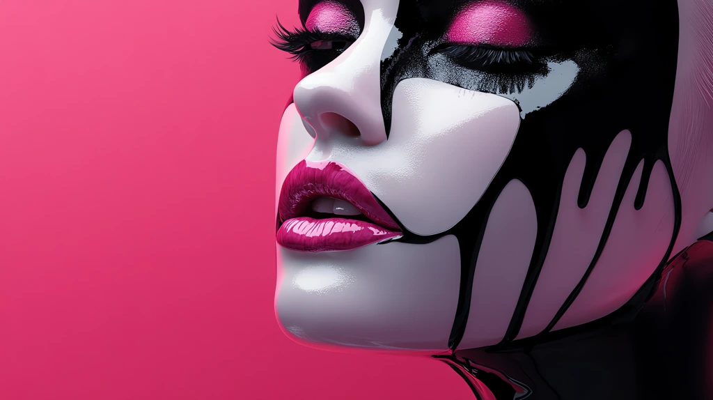 a white glossy porcelain face with pink and black gothic makeup hairless desktop wallpaper 4k