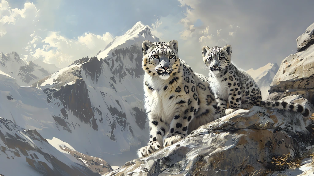 a white snow leopard sits with a small cub snow leopard majestically on a stone desktop wallpaper 4k