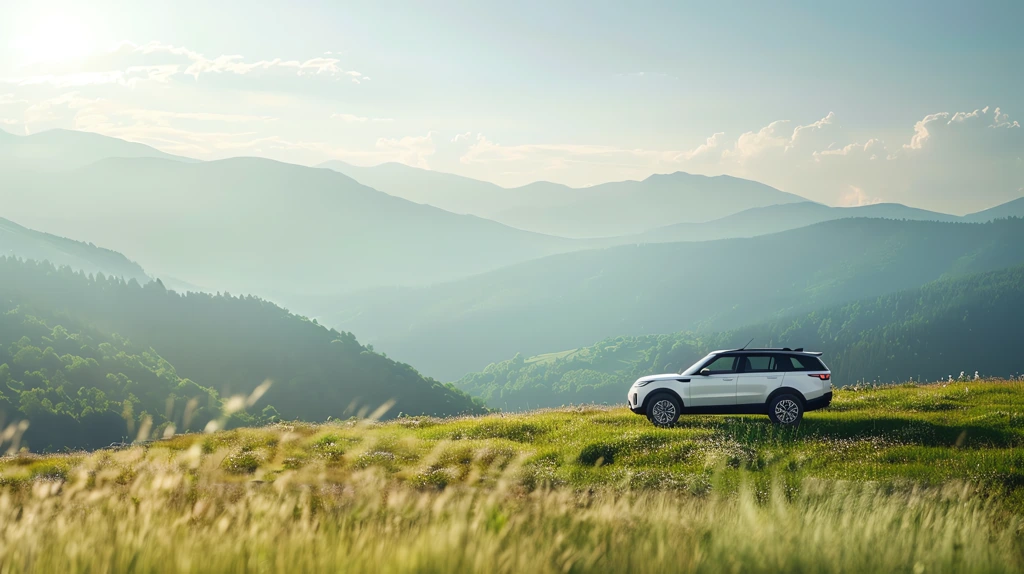 a white suv is parked on the grassland green mountains behind desktop wallpaper 4k