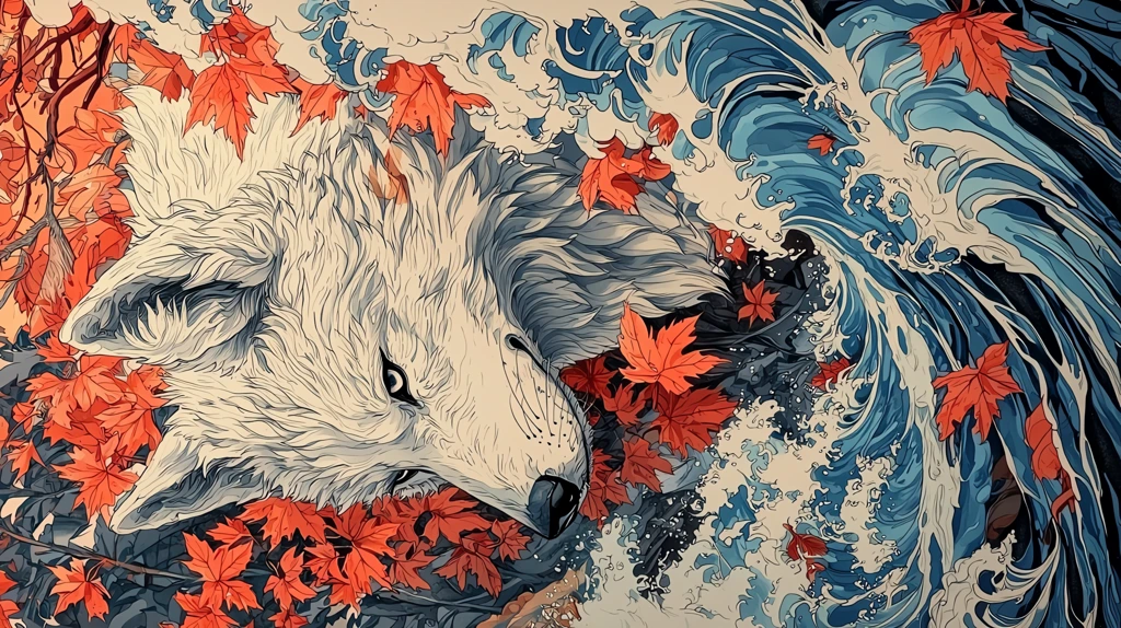 a white wolf in the ocean surrounded by maple leaves phone wallpaper 4k