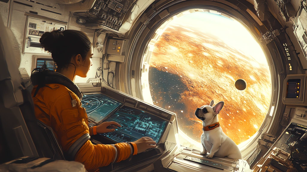 a woman and her french bulldog float in zero gravity desktop wallpaper 4k