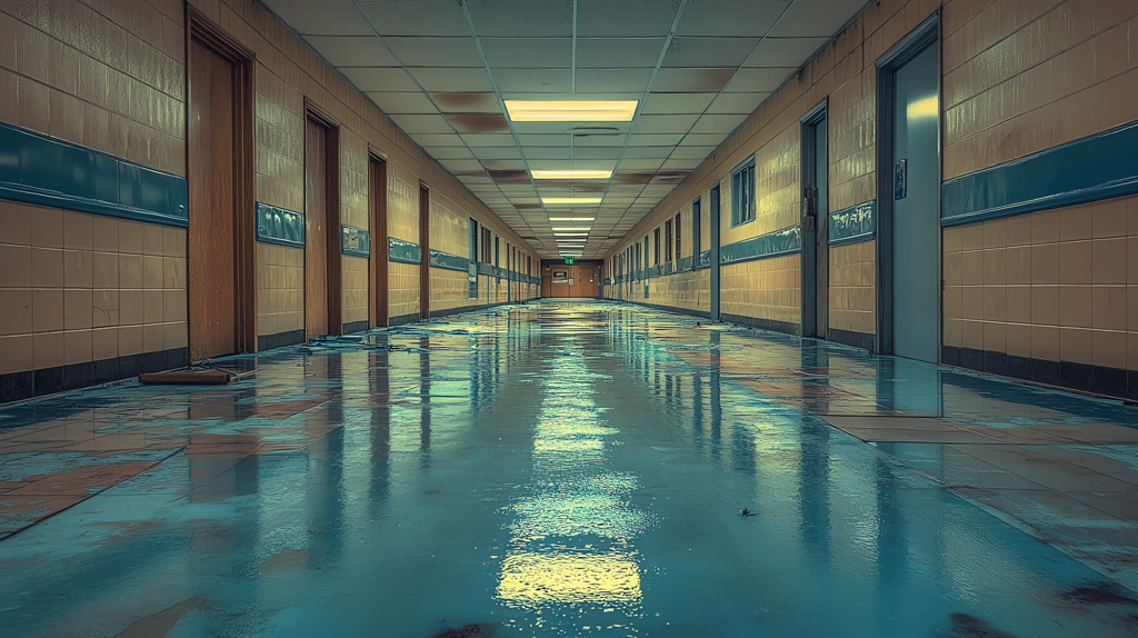 abandoned hallway of a school with flickering fluorescent lights overhead desktop wallpaper 4k