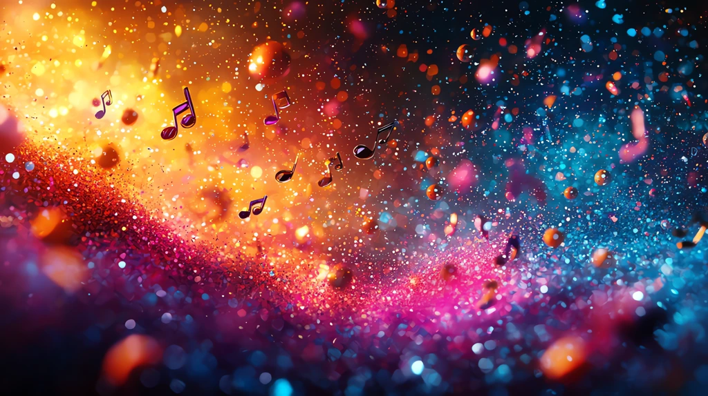 abstract music notes falling from the sky blending into a vibrant gradient desktop wallpaper 4k