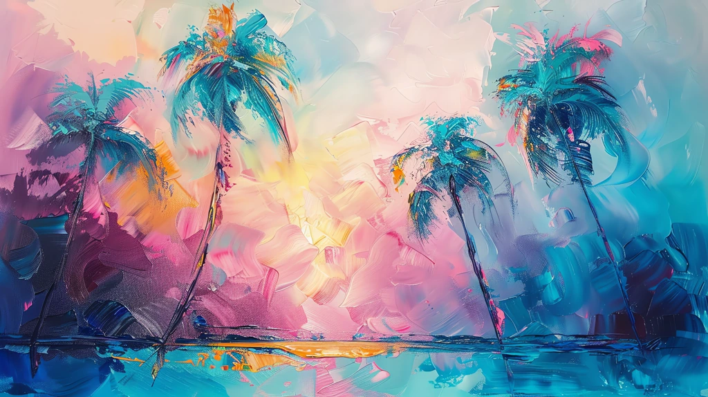 abstract painting of palm trees in aqua and pink colors desktop wallpaper 4k