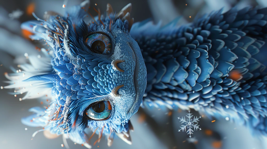 adorable anthropomorphic blue dragon, with a furry texture and snowflakes phone wallpaper 4k