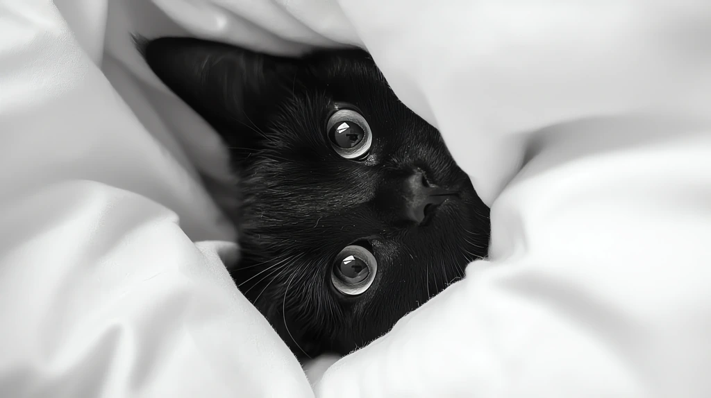 adorable black cat peeks out from underthe covers phone wallpaper 4k