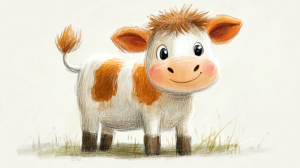 adorable hand-drawn illustration of a cute cow in a crayon style friendly features with large eyes desktop wallpaper 4k