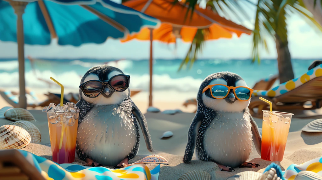adorable penguins beach resort sunbathing umbrellas desktop wallpaper 4k