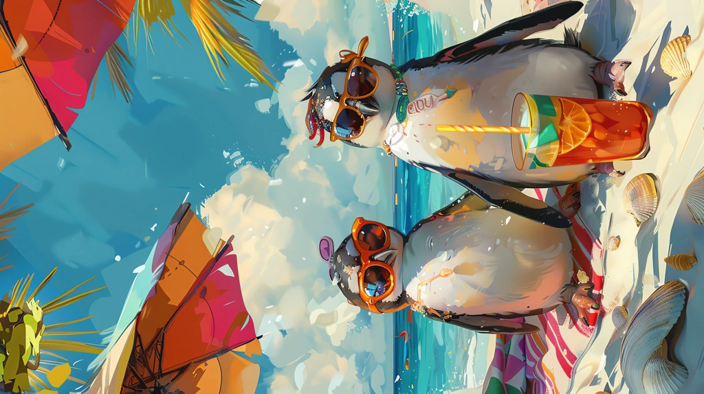 adorable penguins lounging at a luxurious beach resort phone wallpaper 4k
