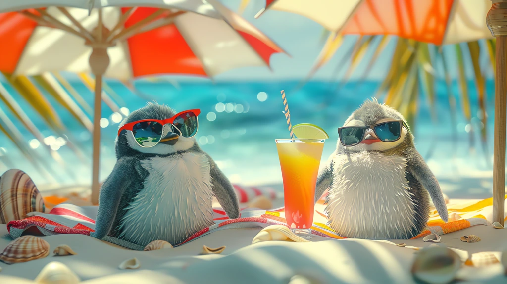 adorable penguins lounging at a luxurious beach resort sunbathing desktop wallpaper 4k