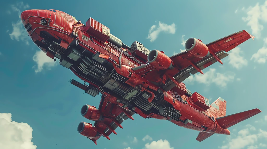 airplane made of red containers flying in the sky baroque exaggeration desktop wallpaper 4k