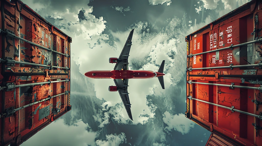 airplane made of red containers flying phone wallpaper 4k