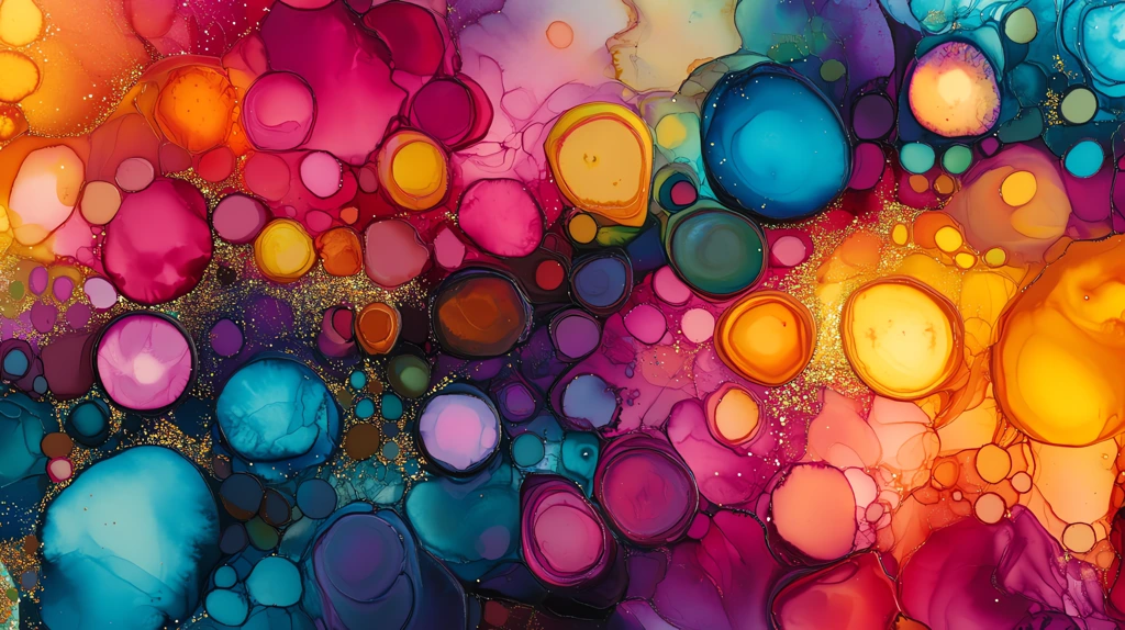 alcohol ink painting featuring a vibrant explosion circles and squares in bright desktop wallpaper 4k