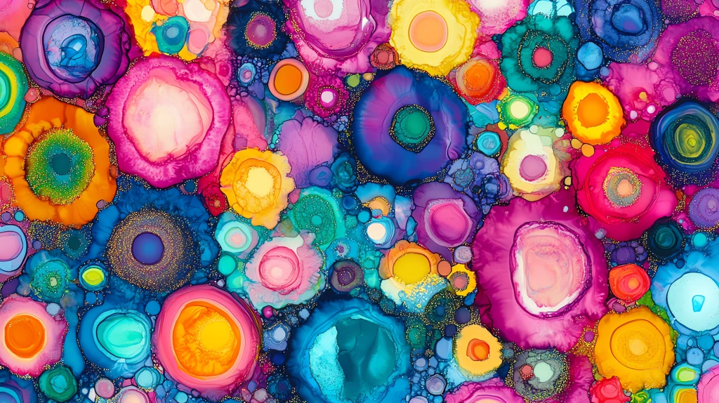 alcohol ink painting featuring a vibrant explosion of shapes like stars circles and squares in bright desktop wallpaper 4k