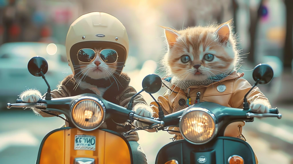 an adorable scene of two cute cats riding on motorbikes both wearing white helmets desktop wallpaper 4k