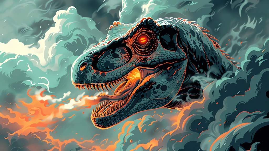 an angry green and orange raptor dinosaur with glowing eyes desktop wallpaper 4k