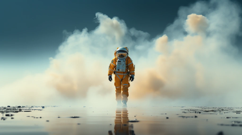 an back view of astronaut in his space suit walking in the fog desktop wallpaper 4k