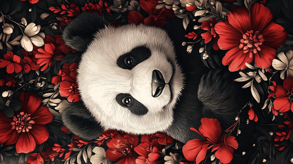 an illustration panda surrounded by flowers in isolated color phone wallpaper 4k