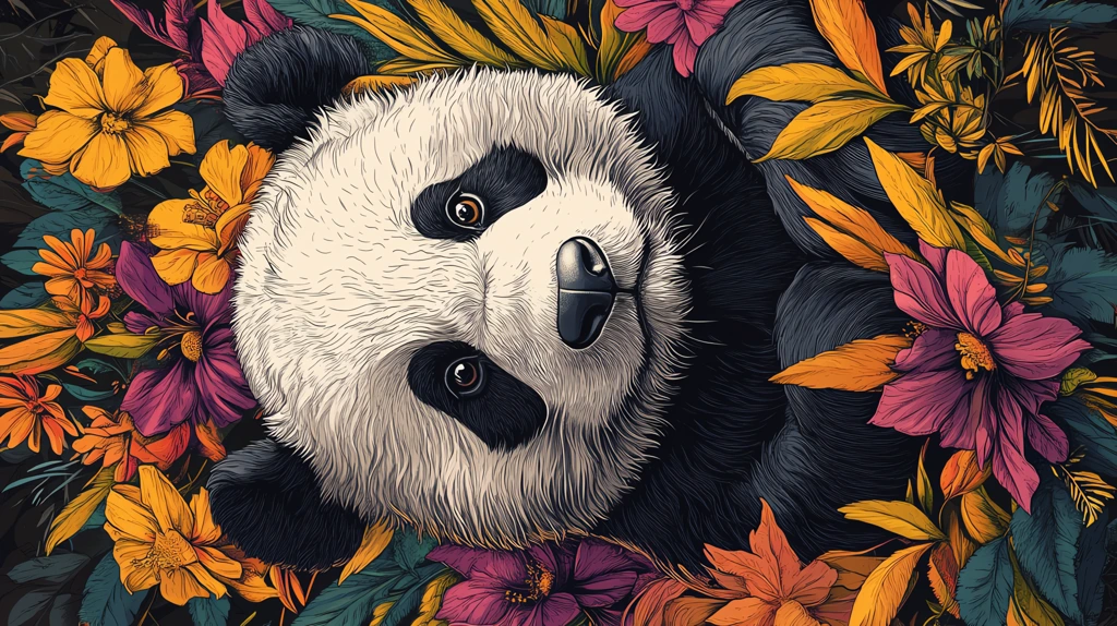 an illustration panda surrounded by flowers phone wallpaper 4k