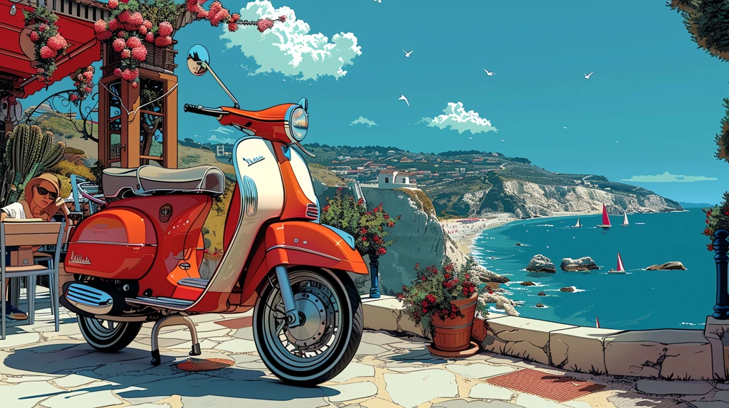an old fashioned scooter is parked outside a beach restaurant in the style of lo-fi aesthetic desktop wallpaper 4k